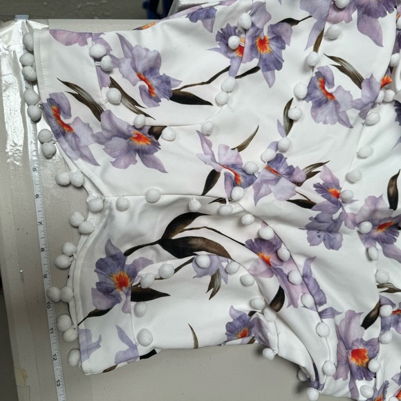 Skirt Set Floral pom pom trim Bodice off shoulder sheer sleeve crop top purple - Picture 12 of 15